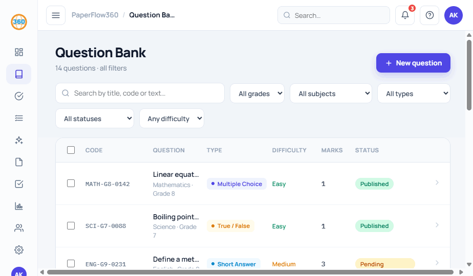 PaperFlow360 question bank with tagged questions