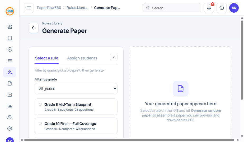 PaperFlow360 rule-based exam paper generator